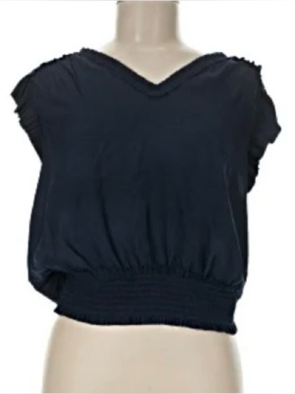 Satiny dark navy V-Neck Short Sleeve Top synched waist.